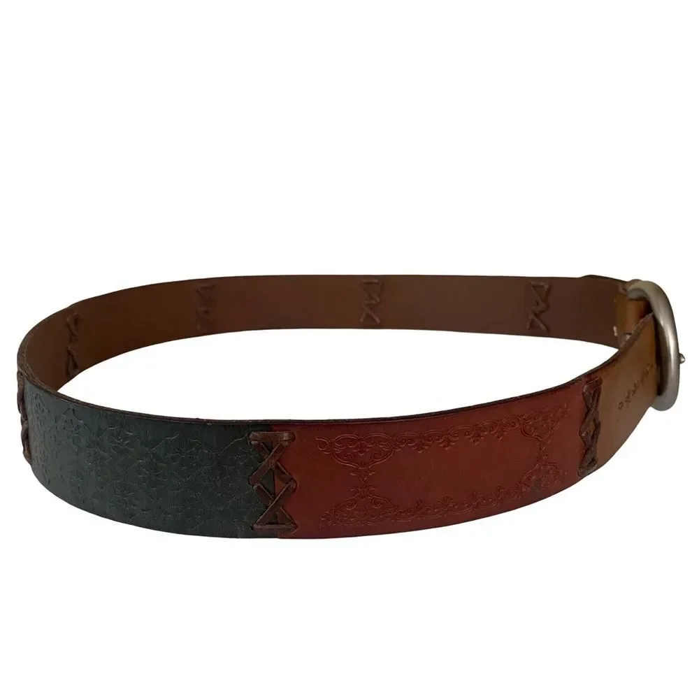 Vintage 90s Fossil Genuine Leather Embossed Stitched Belt Size Medium